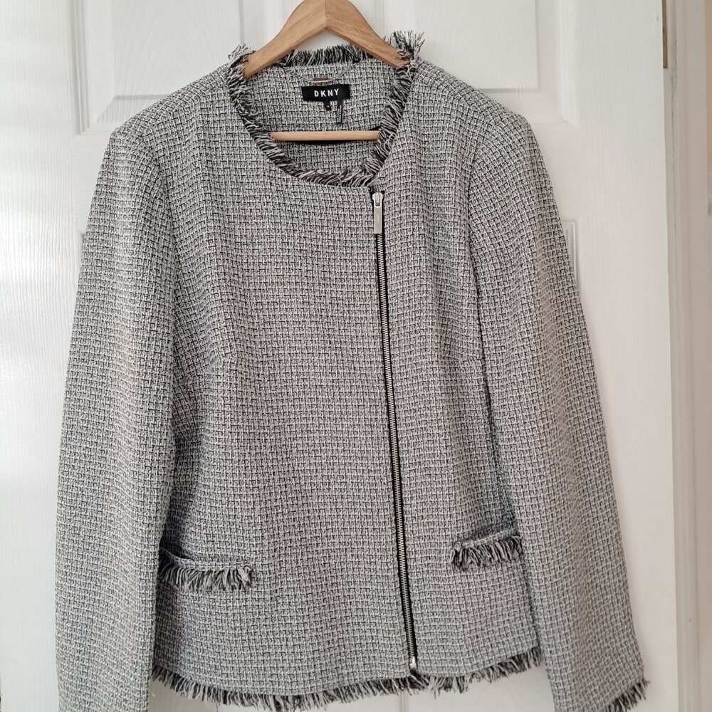 DKNY Women's Business Plus size Fringe Trim Tweed style zipper blazer size 16 - Picture 5 of 9